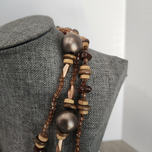 Layered Earth Tone Beaded Infinity Necklace – Wood & Bronze Accents - Picture 3 of 6